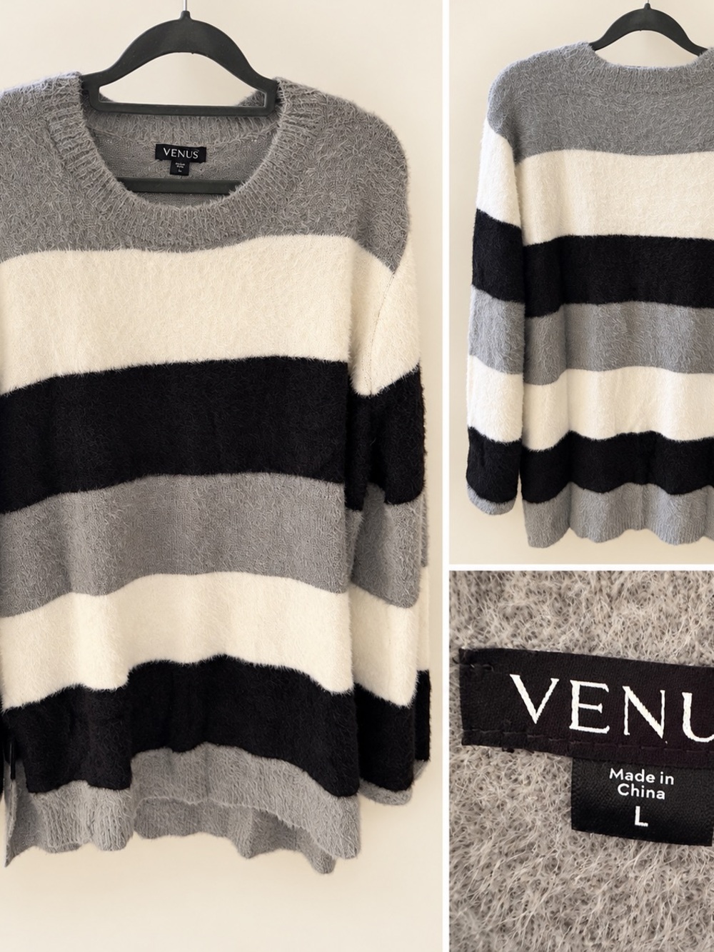 VENUS Gray, Black & Cream Striped Fuzzy Crewneck Sweater